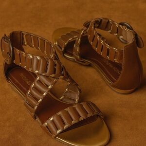 NWOT Libby. Edelman Tan Gold Gladiator Faux Leather Wrap Sandals Size 9.5